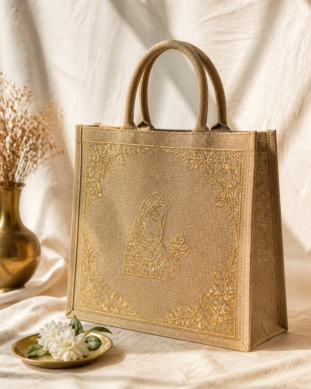 Embroidered Jute Tote Bag
