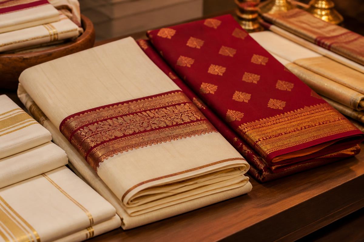 Folded Bengali handloom fabrics and sarees on display