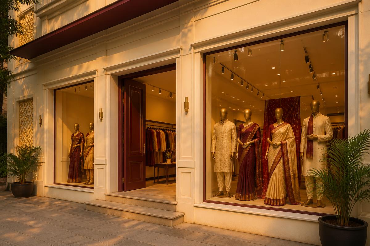 Elegant Bengali clothing storefront with mannequins in sarees and panjabis