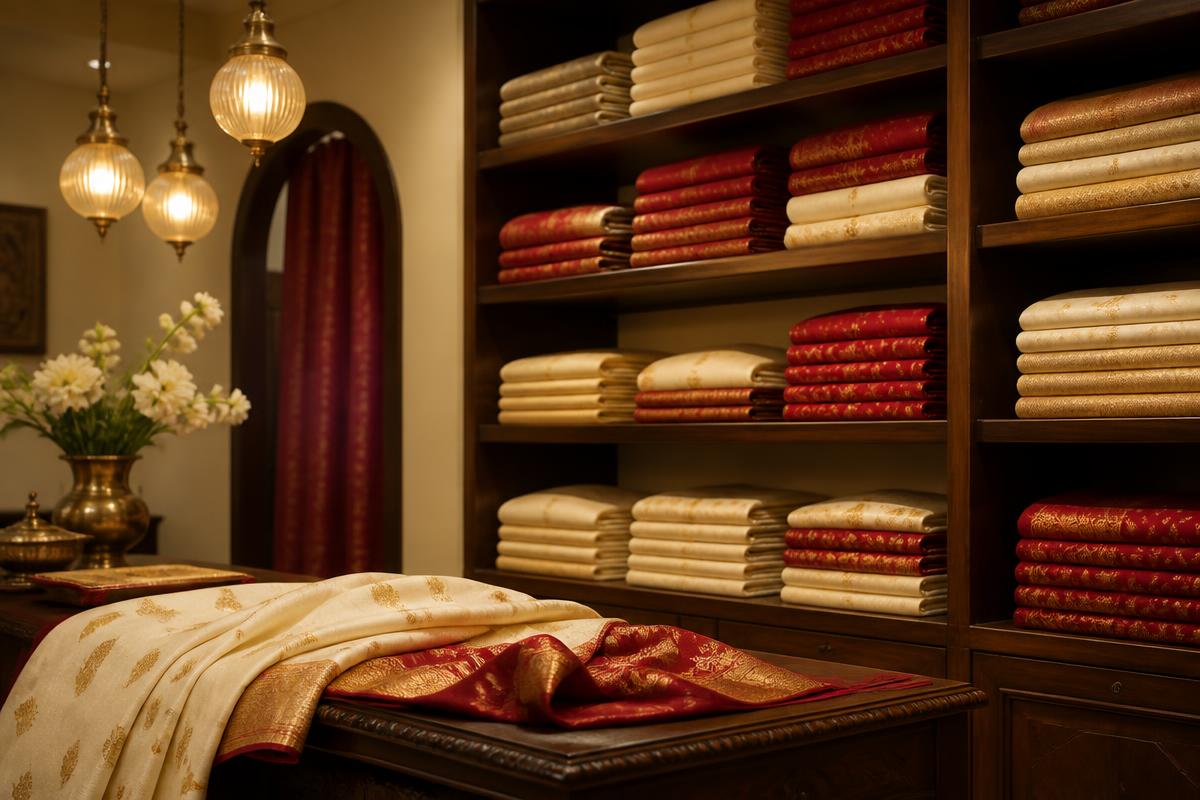 Interior of P. C. Dhar & Sons with folded handloom sarees on wooden shelves